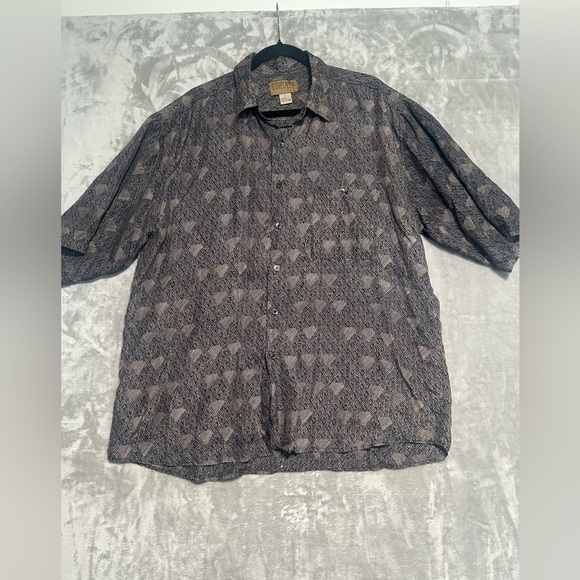 Utopia 100% Silk Button Down Short Sleeve Shirt Mens Large Black Tan Geometric - Picture 1 of 6